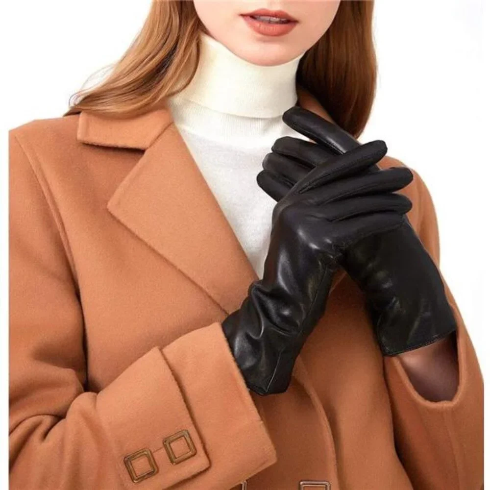 New Luxury Italian Soft Genuine Leather Gloves Cashmere Lined Black for Women